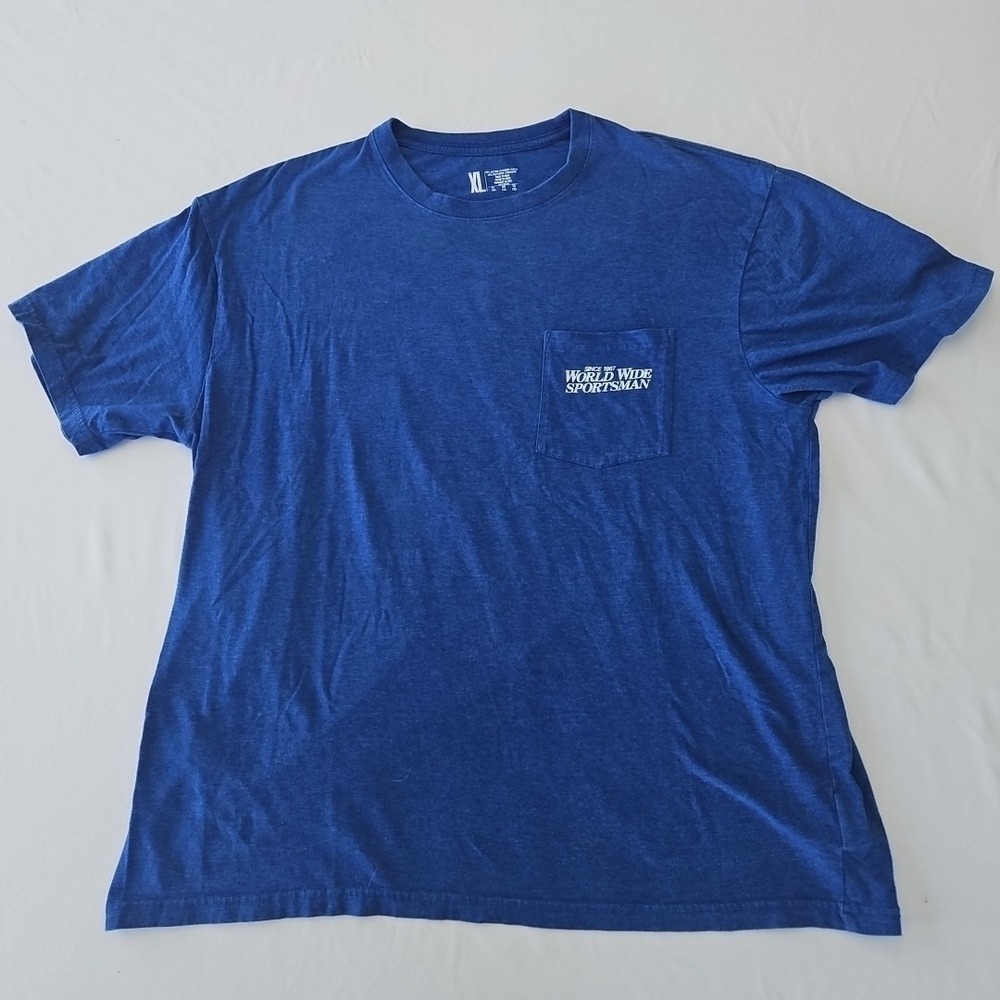 Vtg Mahi World Wide Sportsman Shirt Men XL Blue Fishing Pocket Tee Adult Outdoor
